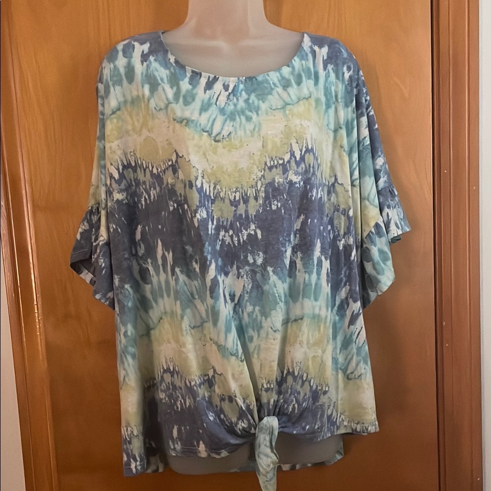 Relaxed Blue and Yellow Bell Sleeve With Ruffle Top